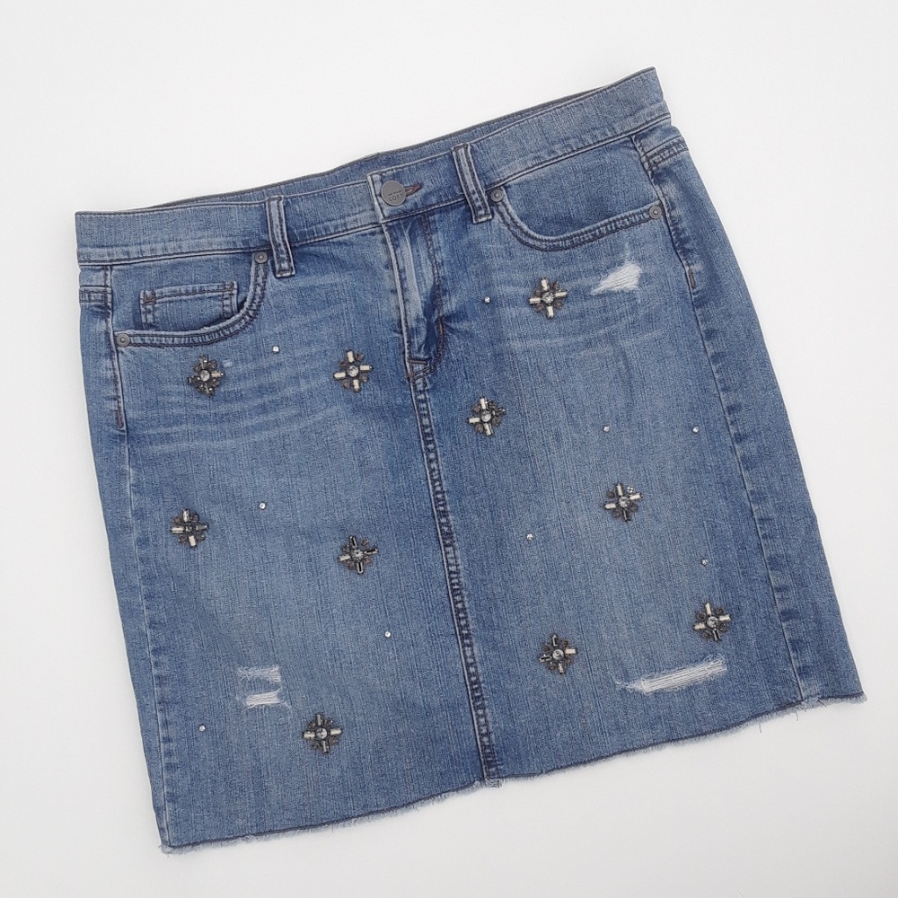 LOFT Distressed Denim Skirt w/ Embellishments